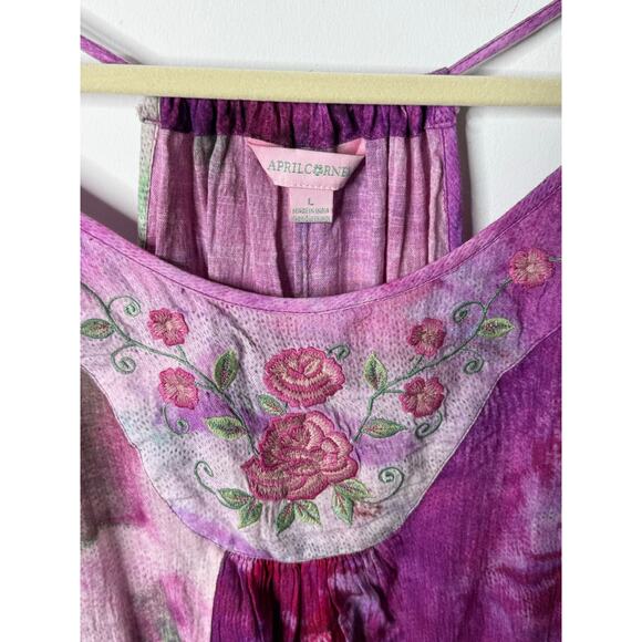 April Cornell Midi Dress Women L Purple Tie Dye Floral Embroidered Boho Festival - Picture 3 of 7